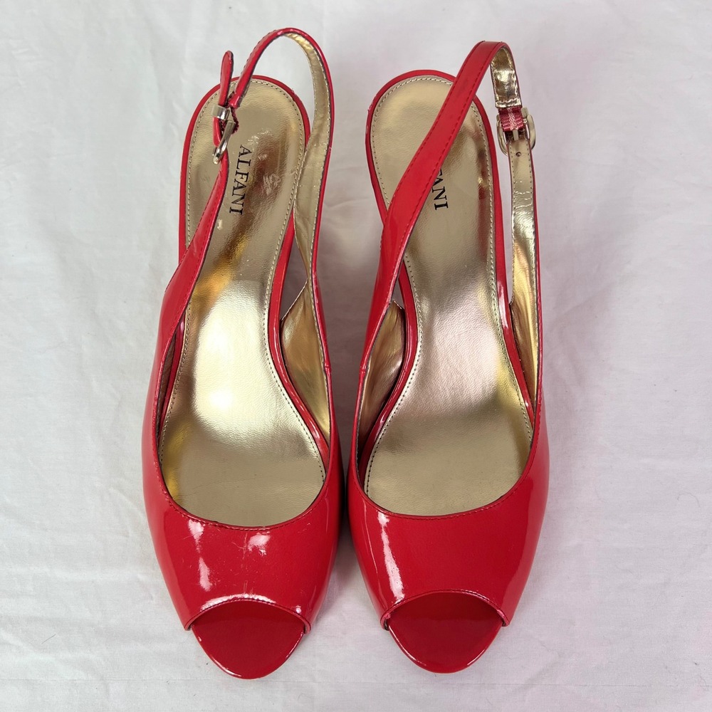 Alfani Bess Wedge Sandals 10M Red Patent Peep Toe Slingback Gold Trim Heels